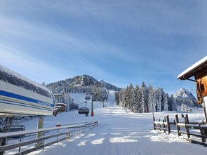 Snow-covered slope with ski lift and trees in winter.