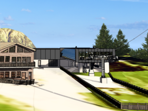 Rendering of a mountain cable car station in an alpine landscape.