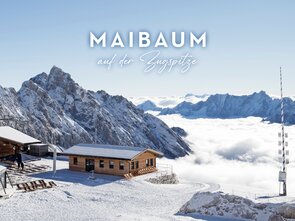 Winter view of Zugspitze with huts and sea of clouds.