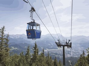 View of a blue cable car with mountain scenery in the background.